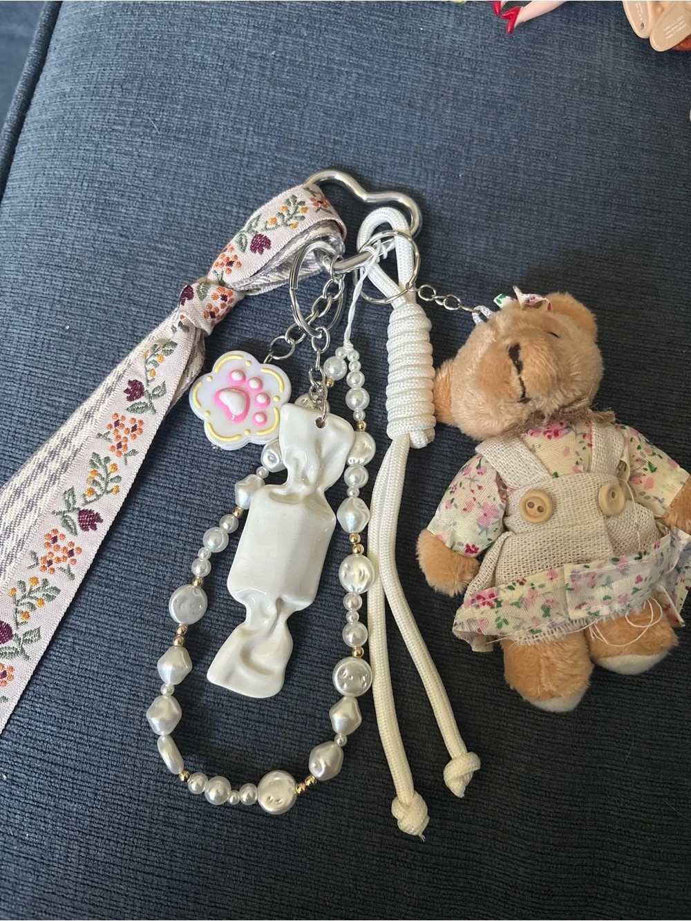 Custom keychain  Cute Pink Floral Kids Keychain Charm with Teddy and Beads